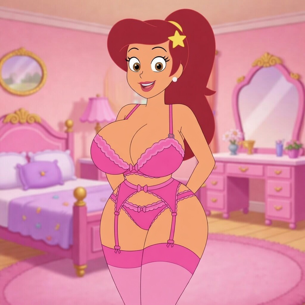 1girl ai_generated arms_behind_back bed bedroom big_breasts bow bow_panties bra breasts brown_eyes brown_hair carpet chest_of_drawers cleavage clothing creamcherrypieai_(artist) curvy curvy_figure dark-skinned_female dark_skin drawer earrings female female_only garter_belt garter_straps hair_ornament huge_breasts indoors jewelry large_breasts lips lipstick long_hair looking_at_viewer makeup marina_(zig_and_sharko) mirror narrow_waist open_mouth panties pillow pink_bra pink_panties ponytail red_hair red_lips rug smile solo standing star star_(symbol) teeth thighhighs underwear underwear_only upper_teeth_only wide_hips zig_and_sharko
