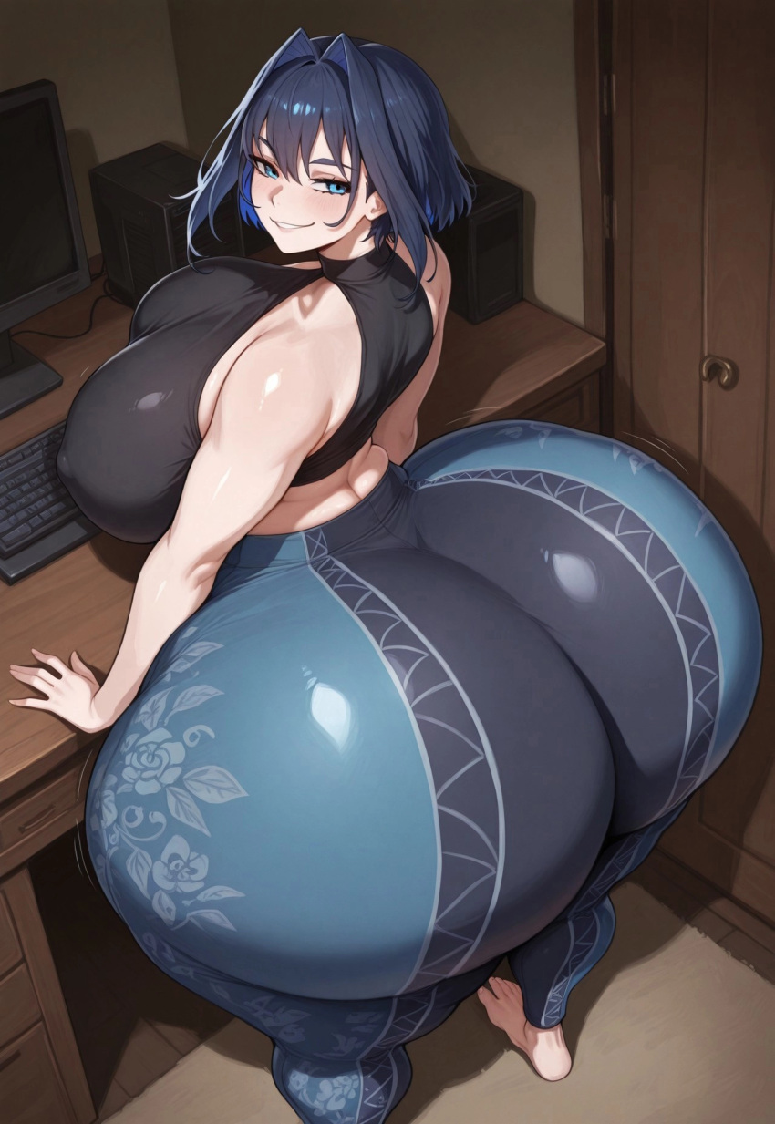 1girl ai_generated ass big_ass big_breasts breasts flare_pants forbidden_pants gigantic_ass gigantic_breasts hololive huge_ass huge_breasts lovermam ouro_kronii