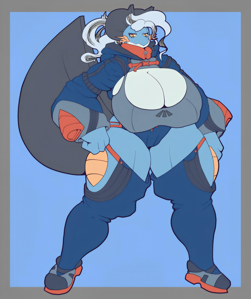 1girl alaine_(expand-blurples) big_ass big_breasts bikini blue_skin cute expand-blurples gray_hair jacket lingerie long_hair muscular_female posing seductive sexy swampert tail tennis_shoes thick_ass thick_legs thighs