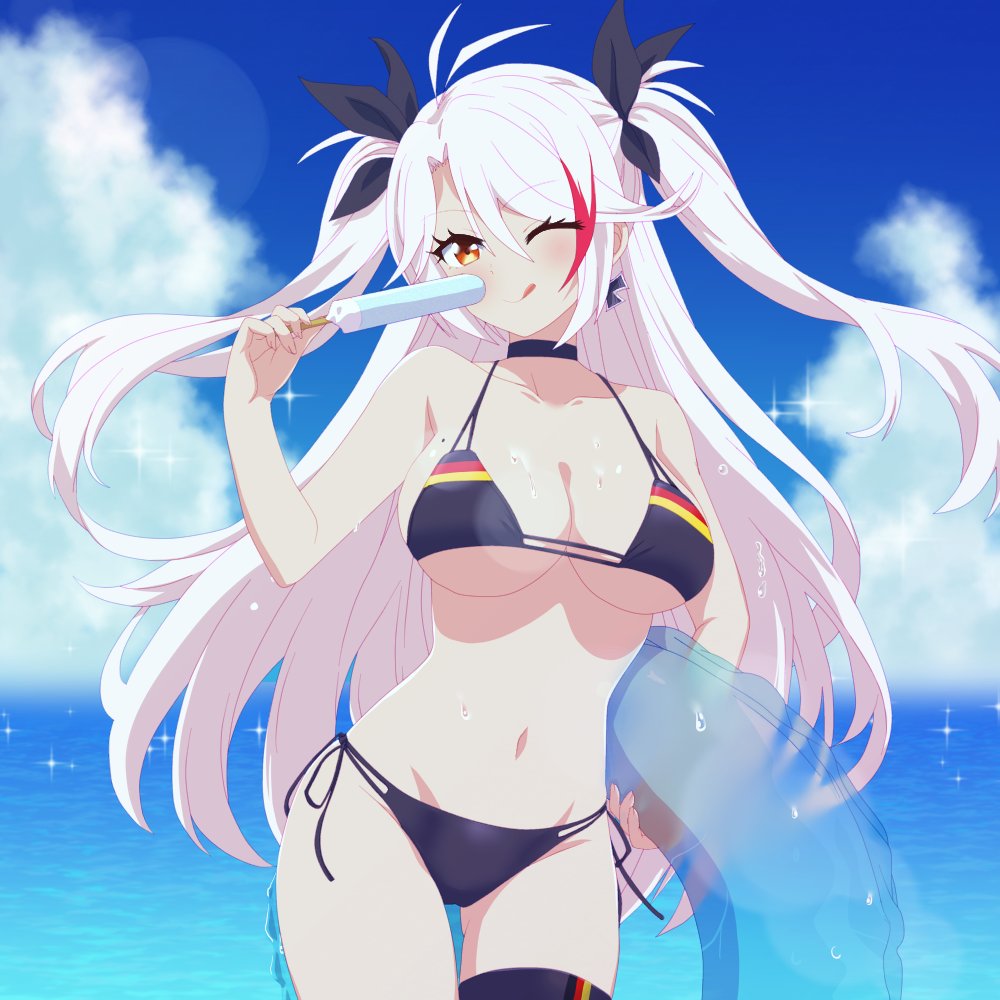 1girl arbiter1 azur_lane big_breasts bikini black_bikini black_choker black_ribbon blush breasts choker female_only floaty hair_ribbons long_hair ocean one_eye_closed orange_eyes popsicle prinz_eugen_(azur_lane) prinz_eugen_(unfading_smile)_(azur_lane) red_hair ribbons ship_girl smile solo_female streaked_hair thighlet tongue tongue_out twin_tails white_hair