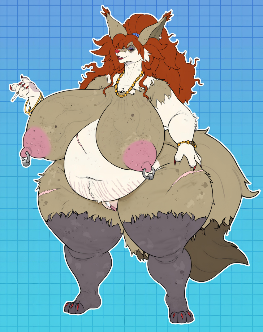 1girl big_ass big_breasts chubby cigarette delphox fluffy_tail fox gold_jewelry gold_necklace long_hair milf nipple_piercing orange_hair ponytail pubic_hair seductive sexy tail thick thick_ass thick_legs vintagart vixen