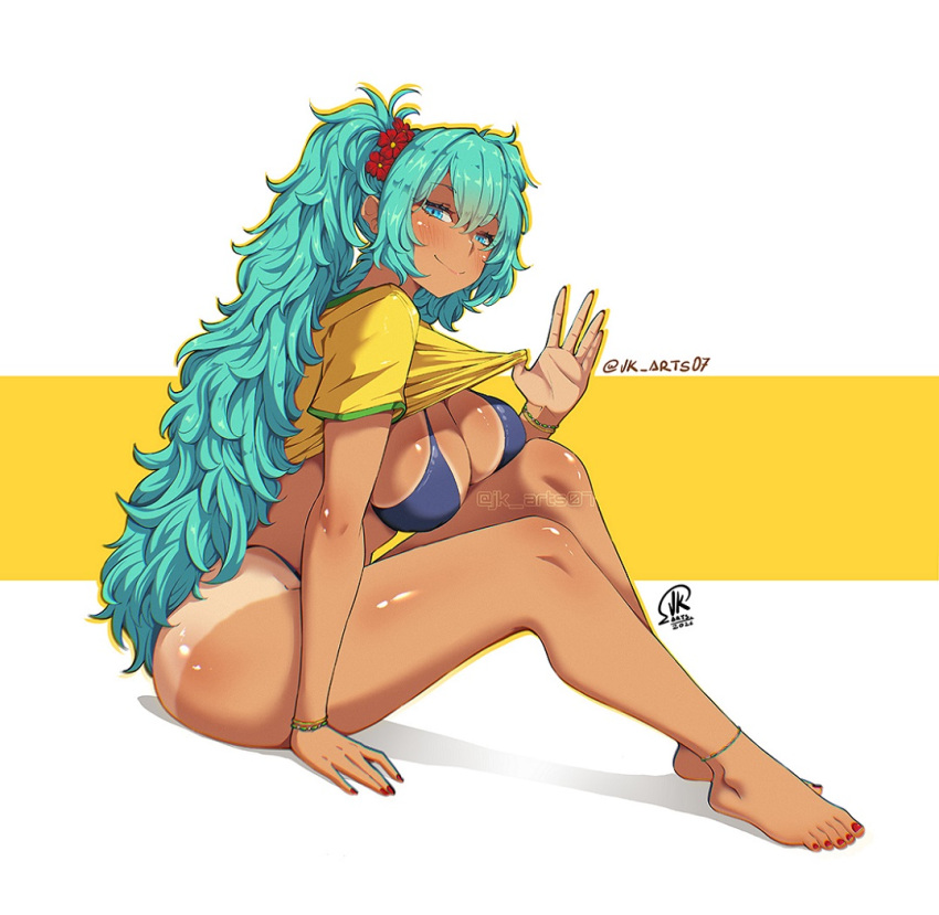 1girl big_breasts bikini blue_eyes blue_hair brazilian_miku bubble_butt cleavage dark-skinned_female hatsune_miku horny inviting_to_sex jk_arts07 looking_at_viewer miku_hatsune pose sitting swimsuit teasing thick_thighs undressing vocaloid