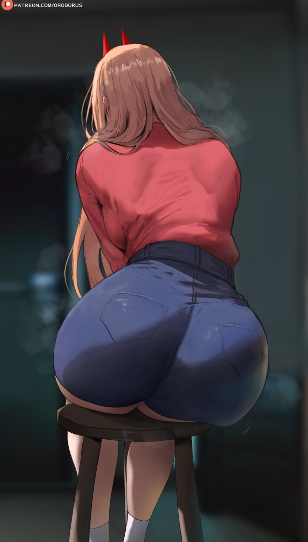 1girl big_breasts bubble_butt chainsaw_man cleavage horny inviting_to_sex orange_eyes orange_hair oroborus pose power power_(chainsaw_man) sitting teasing thick_thighs