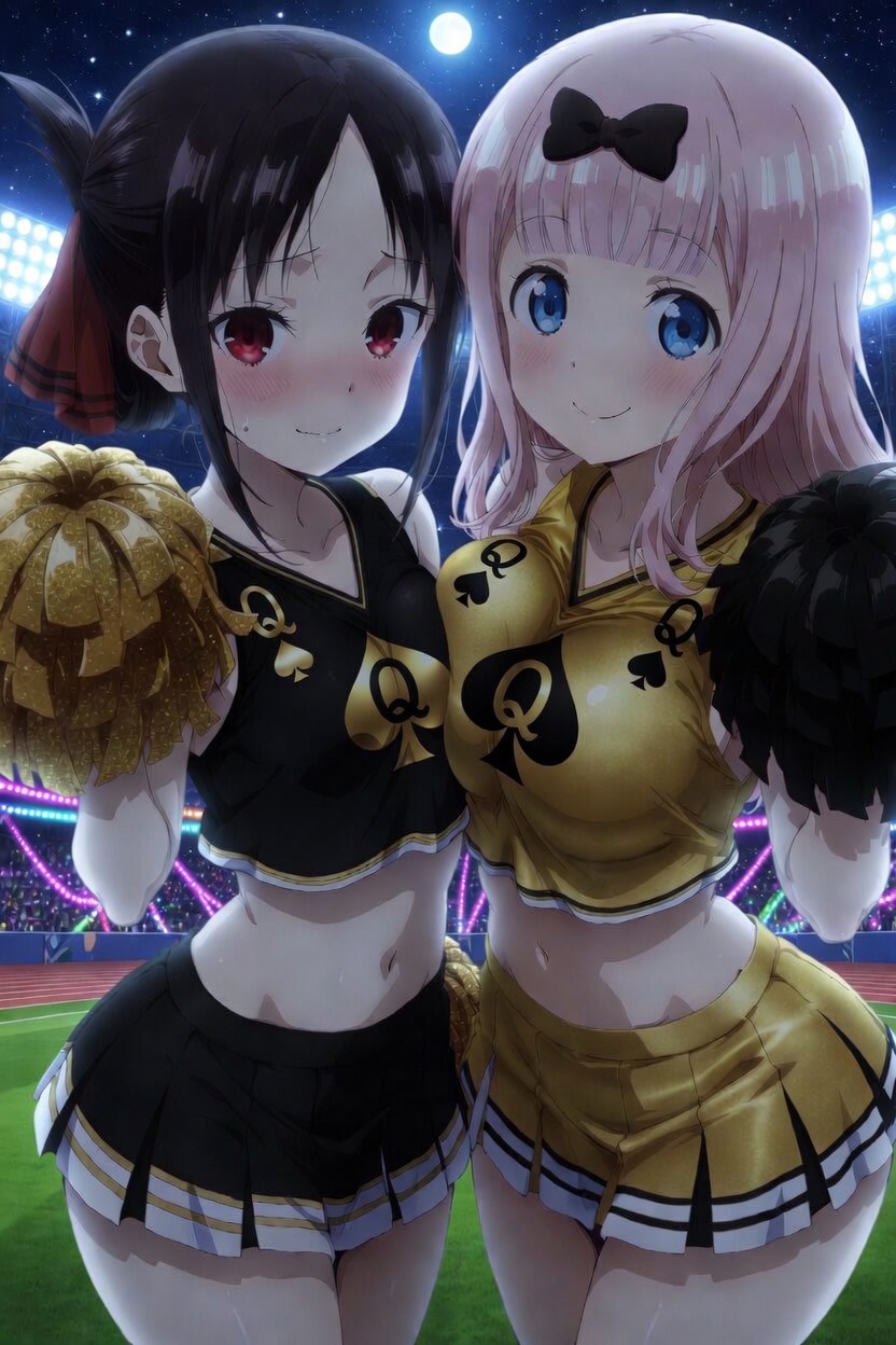 2_girls asymmetrical_docking big_breasts black_hair blacked_clothing blue_eyes breasts cheerleader cheerleader_outfit cheerleader_uniform cheerleaders female_only fujiwara_chika kaguya-sama_love_is_war kaguya-sama_wa_kokurasetai_~tensai-tachi_no_renai_zunousen~ looking_at_viewer night outside perrimsai_(artist) pink_hair pom_poms qos qos_clothing queen_of_spades red_eyes ribbon ribbons shinomiya_kaguya small_breasts spade teenage_girl teenager