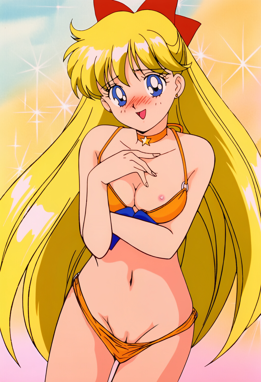 1990s_(style) 1girl accurate_art_style adult_swim alluring anime_style areola areolae arm_under_breasts bikini bikini_bottom bikini_bottom_down bikini_top bishoujo_senshi_sailor_moon bishoujo_senshi_sailor_moon_r bishoujo_senshi_sailor_moon_r_the_movie bishoujo_senshi_sailor_moon_s bishoujo_senshi_sailor_moon_s_the_movie bishoujo_senshi_sailor_moon_supers bishoujo_senshi_sailor_moon_supers_the_movie blonde_hair blue_eyes blush choker female female_only head_tilt long_hair looking_at_viewer medium_breasts minako_aino navel nijinijiai nip_slip orange_bikini orange_bikini_bottom orange_bikini_top pussy pussy_slip retro_artstyle small_areola small_areolae small_nipples solo solo_female teasing toei_animation toonami viz_media wardrobe_malfunction