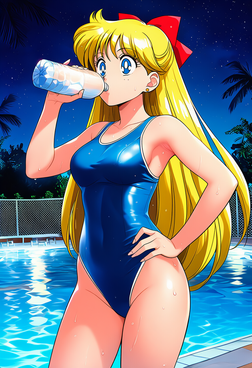 1girl accurate_art_style adult_swim alluring bare_legs bishoujo_senshi_sailor_moon bishoujo_senshi_sailor_moon_r bishoujo_senshi_sailor_moon_r_the_movie bishoujo_senshi_sailor_moon_s bishoujo_senshi_sailor_moon_s_the_movie bishoujo_senshi_sailor_moon_supers bishoujo_senshi_sailor_moon_supers_the_movie blonde_hair blue_eyes drinking_water holding_water_bottle medium_breasts mikalizer minako_aino one-piece_bikini pin_up sailor_venus swimming_pool toei_animation toonami viz_media