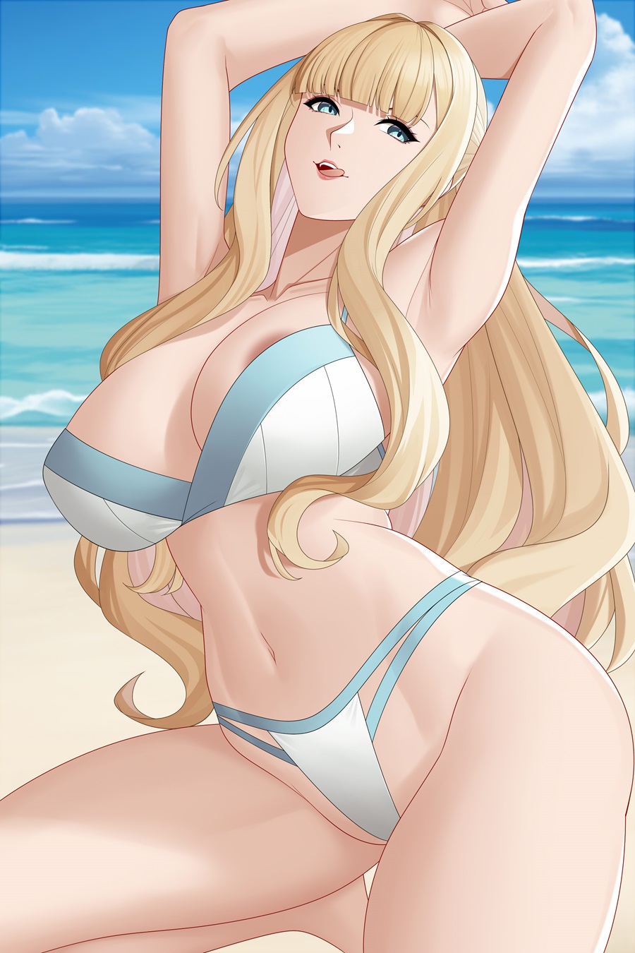 1girl alluring aslind_samure aslindsamure bare_legs beach big_breasts bikini blonde_hair blue_eyes blue_sky charlotte_(fire_emblem) fire_emblem fire_emblem_fates intelligent_systems nintendo ocean pin_up