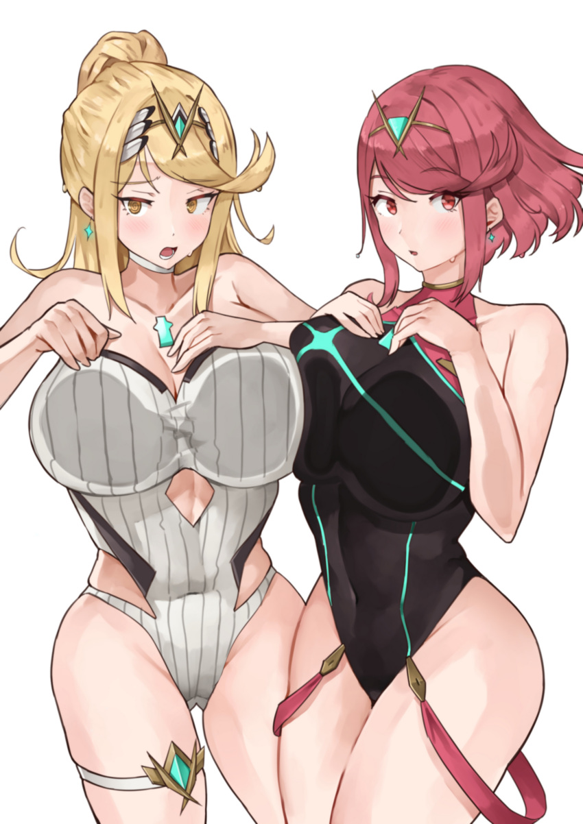 2girls absurd_res against_fourth_wall alluring big_breasts bikini black_one-piece_bikini blonde_hair bob_cut breast_press choker clothing_cutout commentary_request covered_navel cowboy_shot earrings gem green_gem high_res hip_vent jewelry long_hair looking_at_viewer multiple_girls mythra_(radiant_beach)_(xenoblade) mythra_(xenoblade) official_alternate_costume one-piece_bikini open_mouth parted_lips ponytail pyra_(pro_swimmer)_(xenoblade) pyra_(xenoblade) red_eyes red_hair short_hair simple_background strapless strapless_one-piece_bikini swept_bangs swimsuit thigh_strap tiara wet white_background white_choker white_one-piece_bikini xenoblade_(series) xenoblade_chronicles_2 yellow_eyes yotsuha_uni