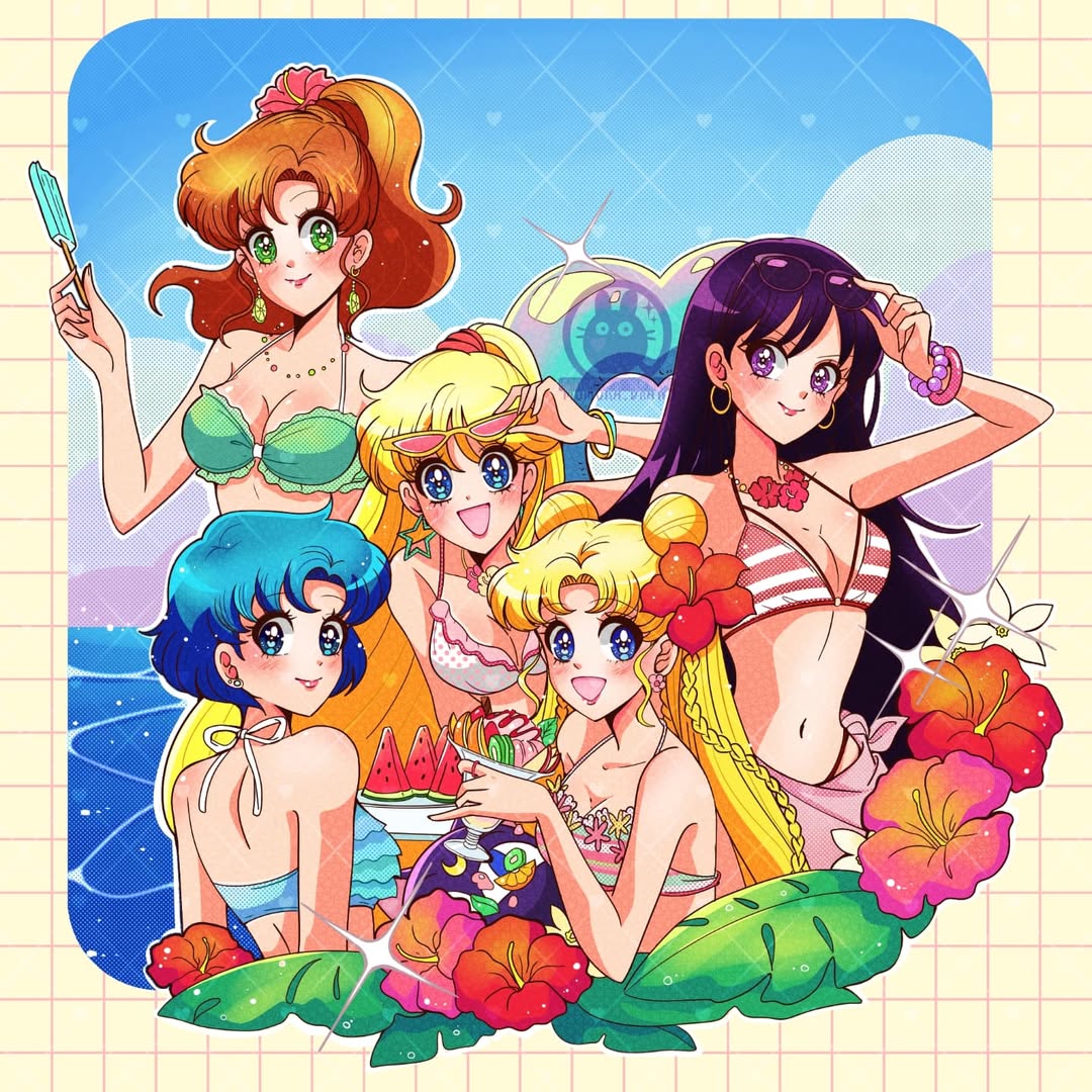5girls adult_swim ami_mizuno ball beachball bikini bishoujo_senshi_sailor_moon bishoujo_senshi_sailor_moon_r bishoujo_senshi_sailor_moon_r_the_movie bishoujo_senshi_sailor_moon_s bishoujo_senshi_sailor_moon_s_the_movie bishoujo_senshi_sailor_moon_supers bishoujo_senshi_sailor_moon_supers_the_movie black_hair blonde_hair blue_eyes brown_hair cleavage earrings flower food fruit green_eyes hair_flower hair_ornament ice_cream jewelry kiwi_(fruit) kiwi_slice luna-p makoto_kino medium_breasts minako_aino momoka.draws multiple_girls orange_(fruit) orange_slice ponytail popsicle purple_eyes rei_hino sunglasses swimsuit toei_animation toei_company toonami towel twin_tails usagi_tsukino viz_media water watermelon watermelon_slice
