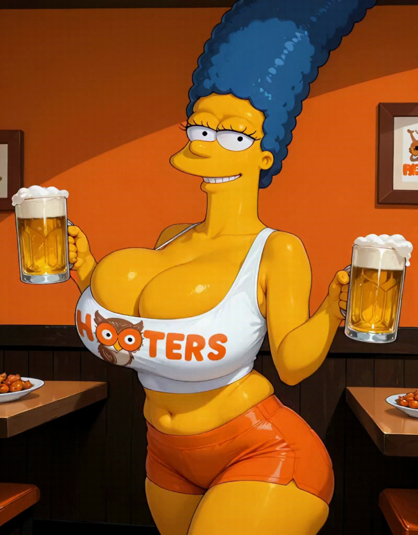 1girl 1girls 20th_century_studios ai_generated alcohol animated beer beer_mug black_eyes blue_hair bouncing_breasts breasts cleavage cleavage_overflow clothed_female disney female female_focus gif holding_object hooters hooters_uniform huge_breasts jiggle jiggling_ass jiggling_breasts large_hair looking_at_viewer marge_simpson mature_female midriff milf navel plump restaurant short_shorts skindentation smile solo tank_top teasing the_simpsons thick_thighs tight_clothing waitress wide_hips yellow_skin