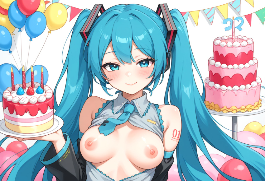1girl 1girls ai_generated balloons bedroom_eyes birthday blush breasts breasts_out cake clothed cyan_eyes cyan_hair detached_sleeves female_only long_hair miku_hatsune neck_tie nipples smile solo_female tie twin_tails vocaloid
