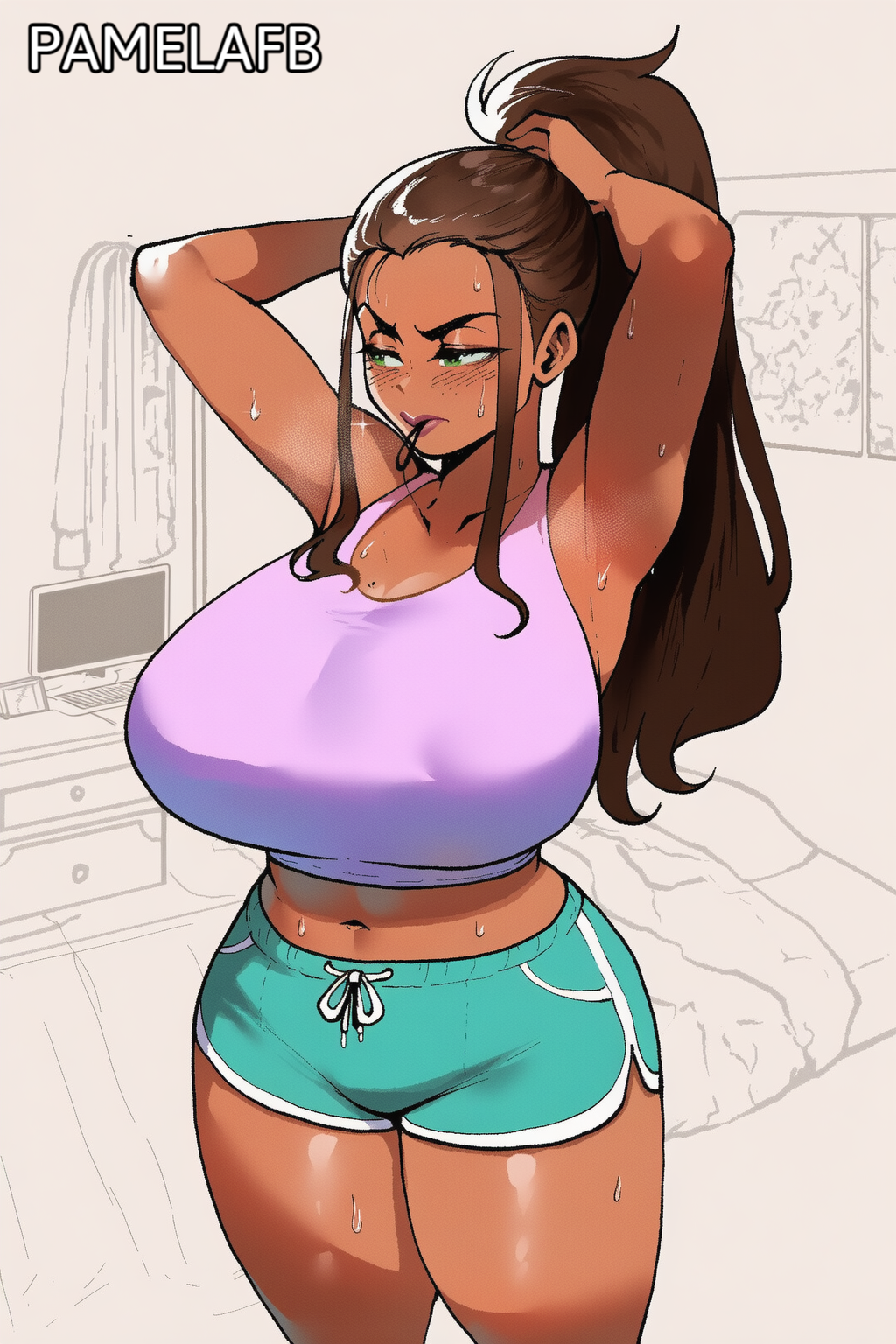1girl ai_art ai_generated annoyed armpits artstyle_imitation blush breasts brown_hair clothed clothed_female collarbone dark-skinned_female dark_skin gigantic_breasts green_eyes high_ponytail huge_breasts long_hair looking_at_viewer midriff nai_diffusion navel novelai pamelafb ponytail self_upload short_shorts sweat sweatdrop sweating thiccwithaq_(ai_style) thick_thighs thighs tummy