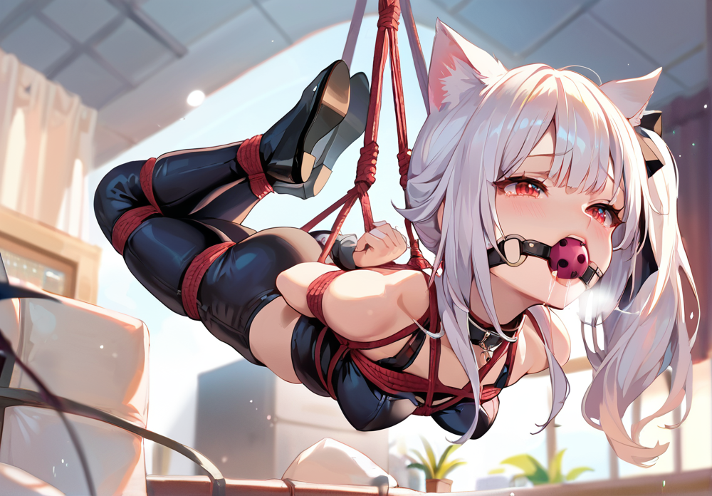 1girl ai_generated arms_behind_back arms_tied_behind_back ball_gag blush bondage breasts cat_ears cat_girl clothed collar crop_top drooling ember_paradox indie_virtual_youtuber living_room medium_breasts red_eyes side_ponytail virtual_youtuber vtuber white_hair