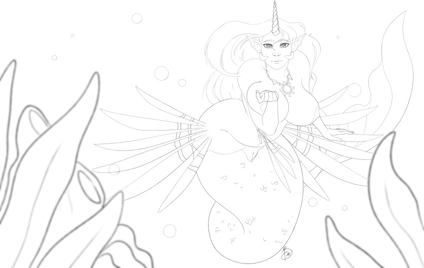 1_horn 1girl 2020 absurd_res amara_burrger aquatic beckoning big_breasts black_and_white breast_squish breasts come_hither elf_ears female fish flirting flirting_with_viewer forehead_horn friendship_is_magic genitals gesture hair hasbro high_res horn huge_breasts humanoid_merfolk humanoid_pointy_ears jewelry leaning leaning_forward line_art long_hair looking_at_viewer looking_at_you merfolk mermaid_tail monochrome my_little_pony necklace nipples nude nude_female nudity pointy_ears princess_celestia princess_celestia_(mlp) scales seaweed solo species_swap split_form squish underwater vulva water wide_hips