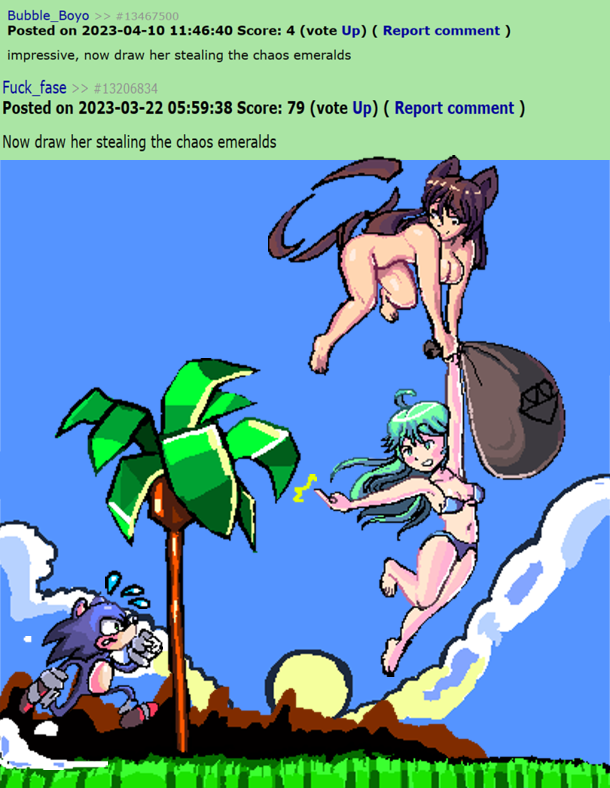1boy 1girl 2023 2_girls barefoot bikini blue_bikini blue_fur blue_swimsuit breasts brown_hair chaos_emerald chasing clothed_female_nude_female completely_nude full_body gloves green_hair green_hill_zone long_hair male middle_finger mr.sir_69 naked_female navel nipples now_draw_her nude nude nude_female palm_tree red_sneakers rule_34-tan rule_34_(booru) rule_34_comment running sega sega self_upload site-tan sneakers sonic_the_hedgehog stealing xbooru xbooru-tan