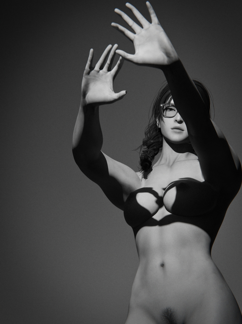 1girl 1girls 3d big_breasts black_and_white blender forsavide freckles glasses greyscale hand_bra hands_casting_shadow julia_chang looking_at_viewer namco nipples nude pubic_hair tekken tekken_7 twin_tails