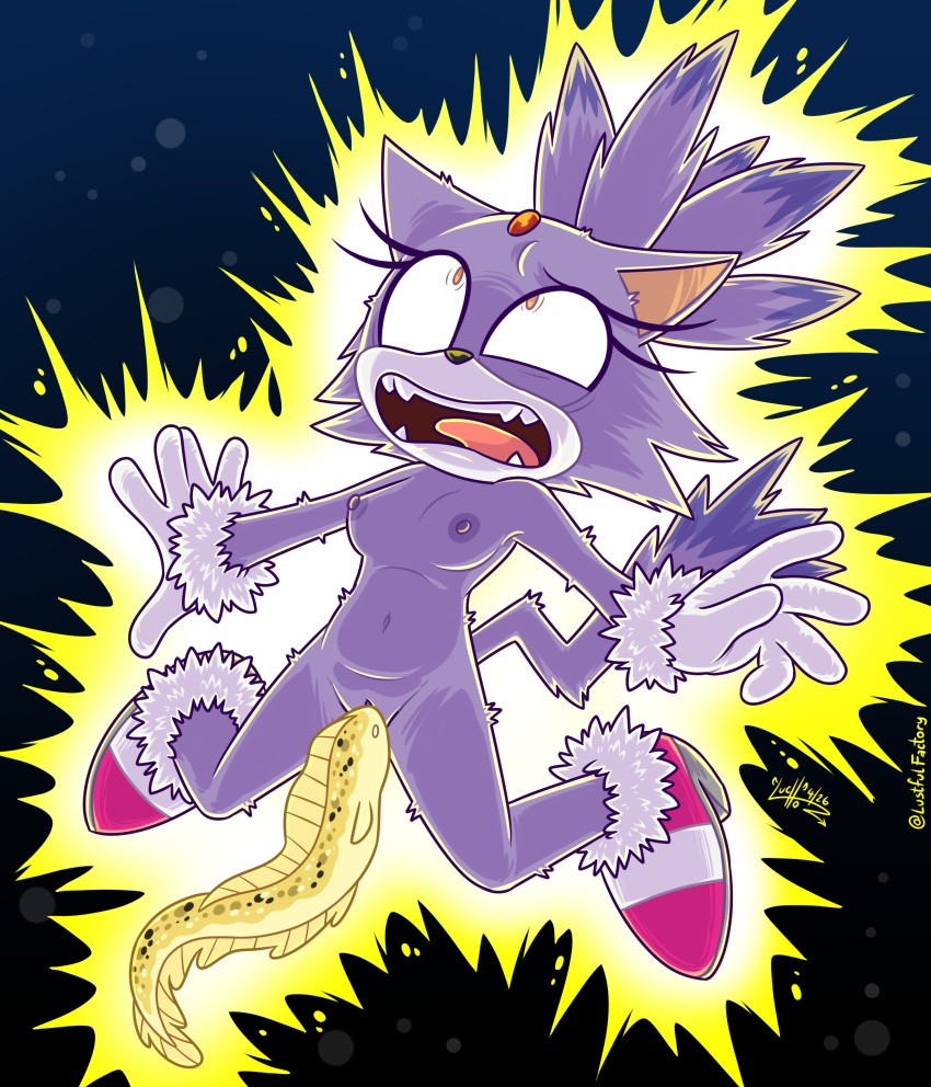 1girl absurd_res anthro anthro_on_feral aquatic areola blaze_the_cat breasts cat clothing digital_media_(artwork) domestic_cat eel electric_shock electricity felid feline felis female feral fish footwear fully_submerged fur genitals gloves handwear high_res interspecies luchosfactory mammal nipples nude open_mouth penetration peril purple_body purple_fur sega shoes small_breasts sonic_(series) sonic_rush sonic_the_hedgehog_(series) spread_legs spreading tail teeth underwater underwater_peril vaginal_penetration vulva water zoophilia