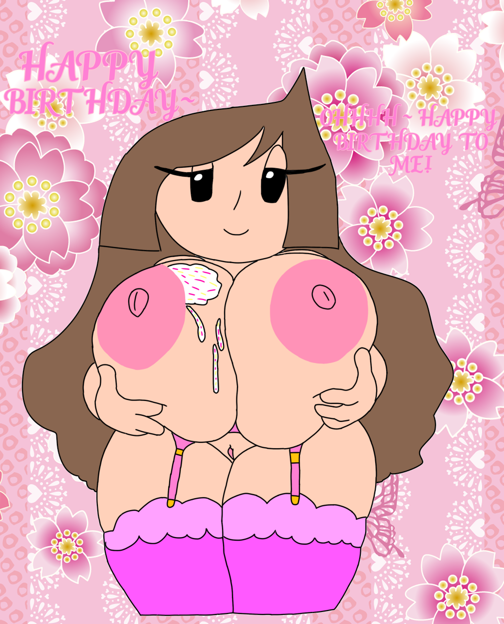 1girl adorable aliya_(aliyal007) aliyal007 areola bedroom_eyes big_breasts birthday birthday_cake breasts breasts_out brown_hair cassettedream costume cute dream-cassette eyelashes female female_focus female_only flower flower_background flowers food_on_body food_on_breasts garter_straps genitals holding_breasts hoshime huge_breasts legwear light-skinned_female light_skin nipples pussy simple_background smile sprinkles stockings text thick_thighs thighs topless topless_female