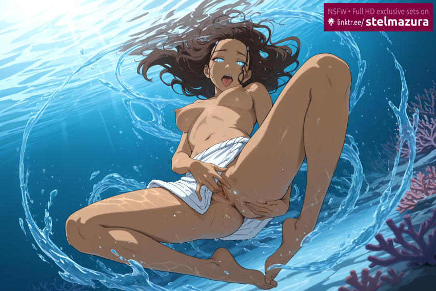 1girl ahe_gao ai_assisted ai_generated air_bubble avatar:_the_last_airbender barefoot blue_eyes breasts breasts_apart brown_hair bubble coral dark-skinned_female dark_skin female female_masturbation floating_hair katara long_hair looking_at_viewer masturbation medium_breasts navel nickelodeon nicktoons nipples open_mouth pussy solo spread_legs spread_pussy stelmazura tongue tongue_out topless uncensored underwater water
