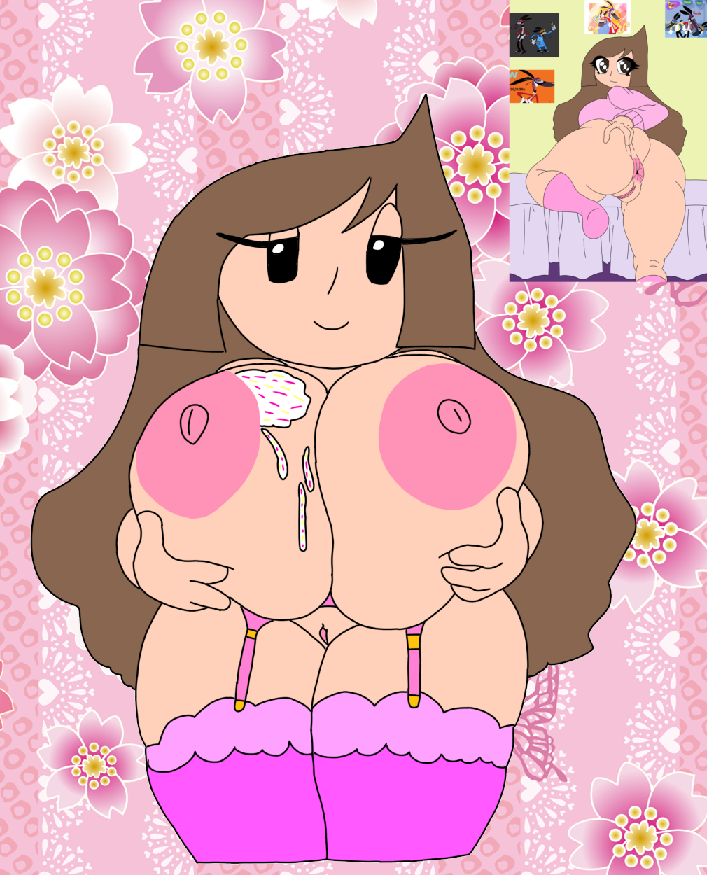 1girl aliya_(aliyal007) aliyal007 areola birthday birthday_cake brown_eyes brown_hair female female_only food_on_body garter_straps holding_breasts huge_breasts legwear nipples nude nude_female simple_background stockings thick_thighs thighhighs what