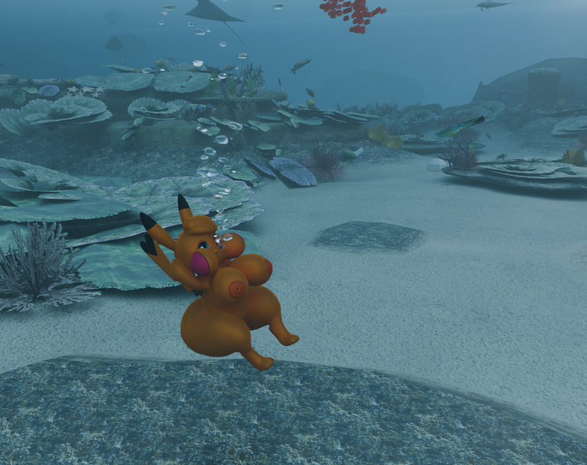 1girl aquaphilia breasts bubbles female nintendo nipples nude pikachu pokemon puffy_cheeks relaxing sea shortstack solo underwater zantzusui