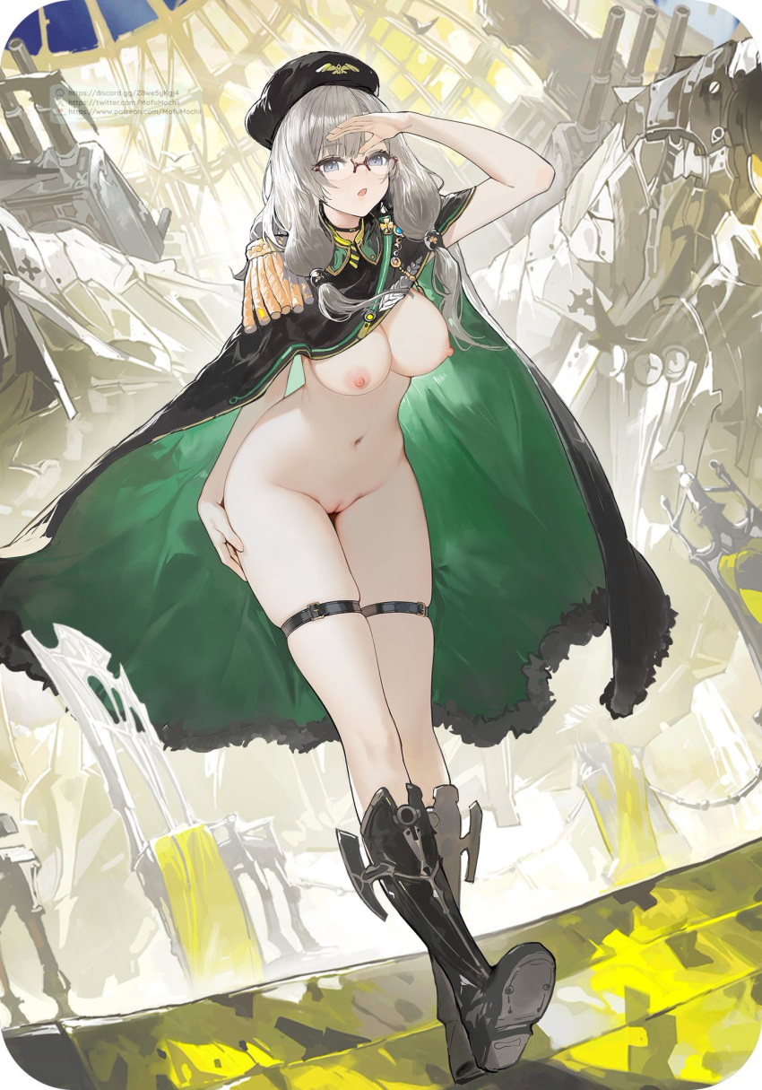 1girl azur_lane big_breasts black_boots black_cape boots breasts cape edited female_only glasses green_cape grey_eyes grey_hair hand_on_own_thigh hand_on_thigh hat köln_meta_(azur_lane) long_hair mofumochii multicolored_cape naked_female nipples nude nude nude_female pussy pussy ship_girl solo_female thighlet third-party_edit
