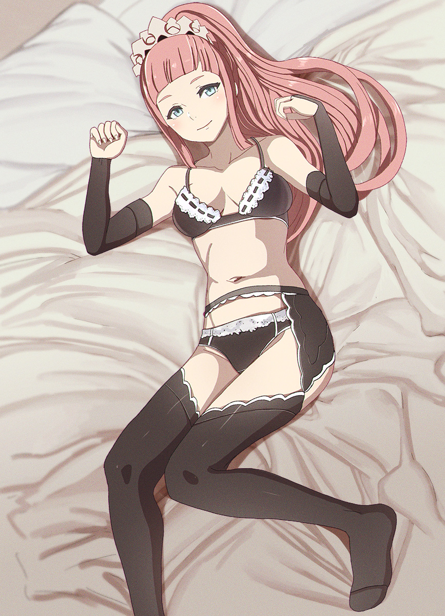 1girl 1girl 1girl alluring aruman bangs bare_shoulders bare_thighs black_panties blue_eyes bra collarbone felicia_(fire_emblem) female_only fire_emblem fire_emblem_fates garter_belt inner_thighs intelligent_systems long_hair looking_at_viewer maid medium_breasts nintendo on_back on_bed panties pink_hair ponytail smile stockings thighs underwear