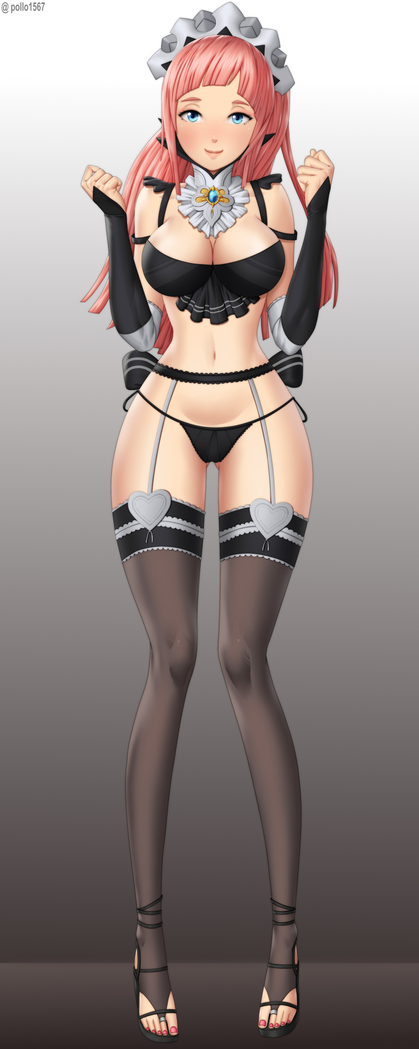 1girl 1girl 1girls alluring ass_visible_through_thighs bangs bare_midriff bare_thighs big_breasts black_panties blue_eyes bra cleavage felicia_(fire_emblem) female_only fire_emblem fire_emblem_fates full_body garter_belt high_heel_sandals high_heels intelligent_systems legs lingerie long_hair looking_at_viewer maid midriff nail_polish nintendo panties pink_hair pollo1567 ponytail red_nails sandals simple_background smile stockings thighs underwear very_long_hair