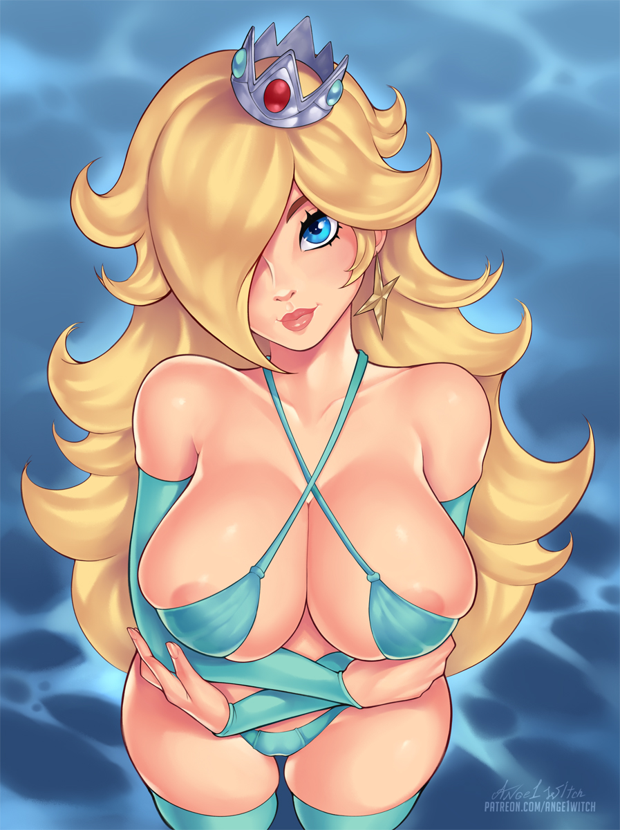 1girl alluring ange1witch arm_warmers big_breasts bikini blonde_hair blue_eyes bra crown earrings female_only full_lips hair_over_one_eye light-skinned_female light_skin lips lipstick long_hair looking_at_viewer mario_(series) nintendo panties princess_rosalina rosalina star_earrings stockings thick thick_hips thick_thighs wide_hips