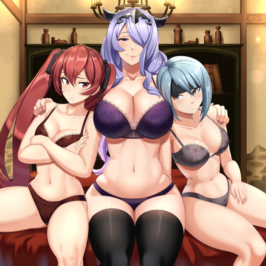 3_girls absurd_res alluring arms_around_neck beruka_(fire_emblem) big_breasts black_headband blue_hair bra brown_eyes camilla_(fire_emblem) castell cleavage fire_emblem fire_emblem_fates fire_emblem_warriors hair_between_eyes hair_ornament hair_over_one_eye headband high_res intelligent_systems lingerie long_hair looking_at_viewer medium_breasts multiple_girls navel nintendo purple_eyes purple_hair red_eyes red_hair severa_(fire_emblem) short_hair sitting stockings twin_tails underwear underwear_only