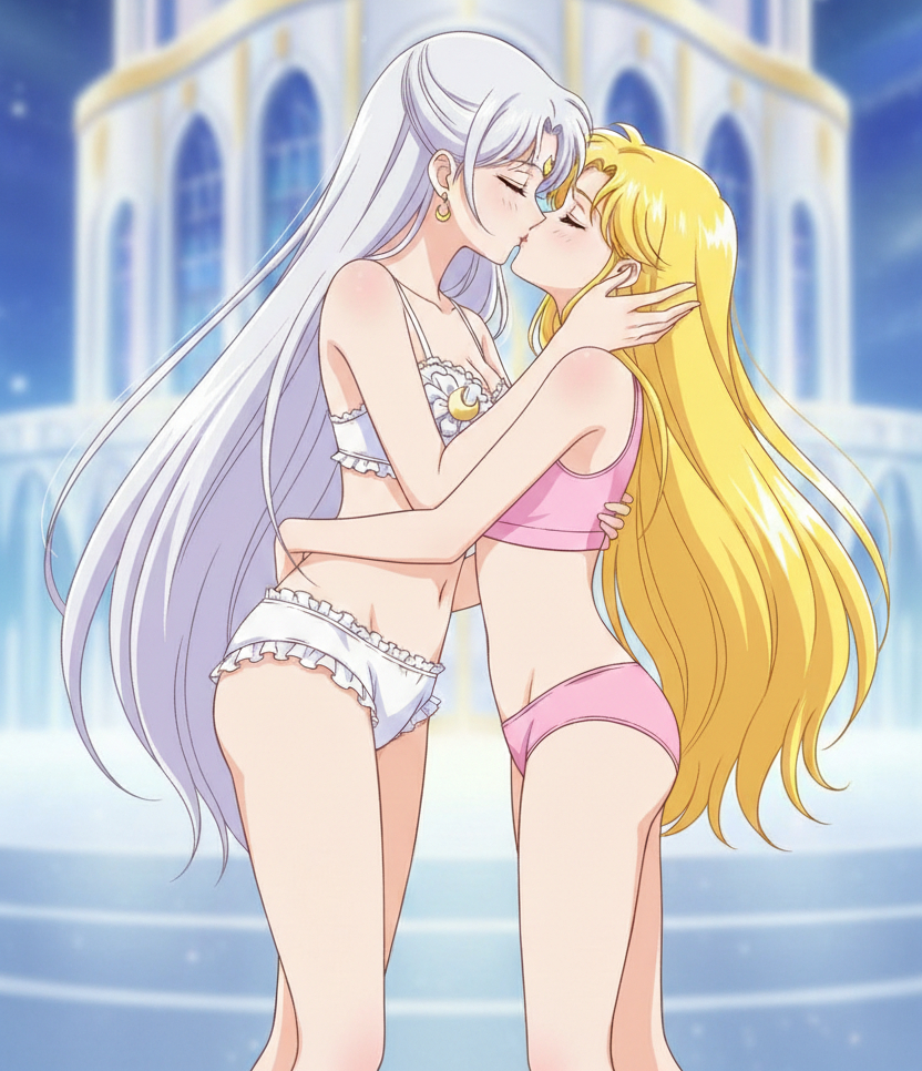 2_girls adult_swim alluring bishoujo_senshi_sailor_moon blonde_hair bra cleavage closed_eyes medium_breasts milf mother_&_daughter nightcore_(artist) panties princess_serenity queen_serenity silver_hair teaching toei_animation toonami underwear viz_media