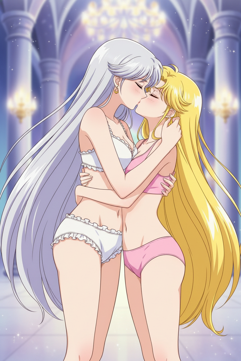 2_girls adult_swim alluring bishoujo_senshi_sailor_moon blonde_hair bra cleavage closed_eyes medium_breasts milf mother_&_daughter nightcore_(artist) panties princess_serenity queen_serenity silver_hair teaching toei_animation toonami underwear viz_media