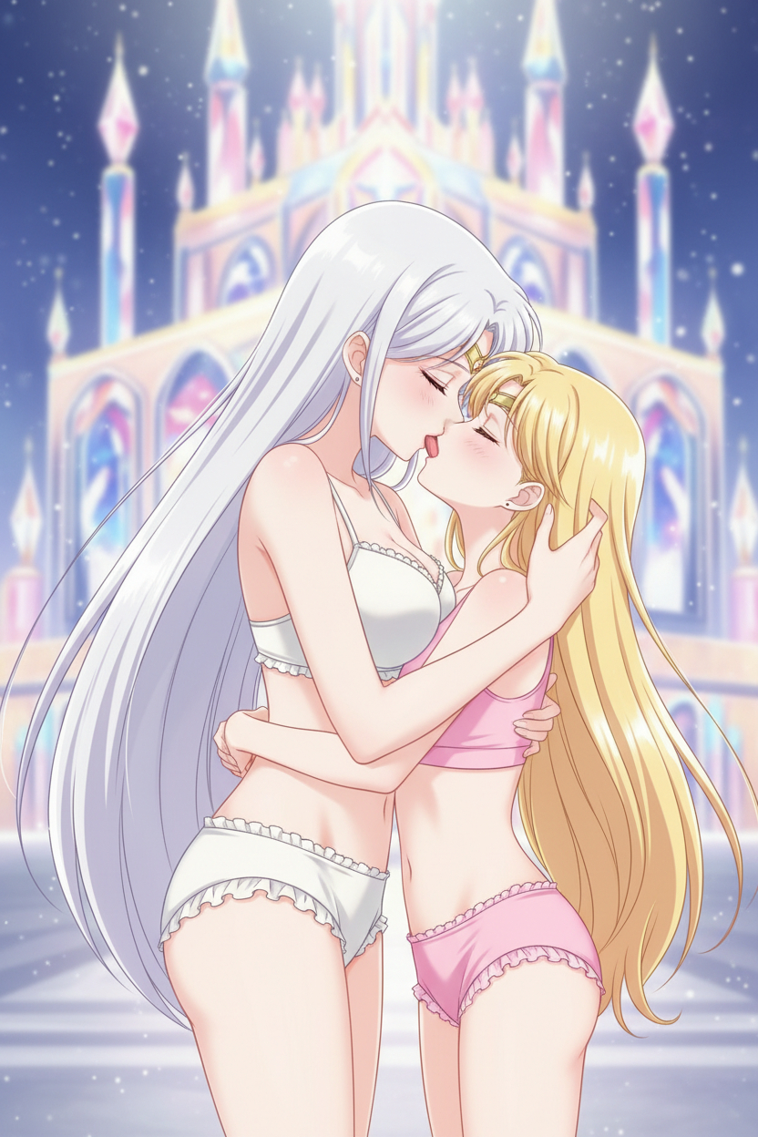 2_girls adult_swim alluring bishoujo_senshi_sailor_moon blonde_hair bra cleavage closed_eyes medium_breasts milf mother_&_daughter nightcore_(artist) panties princess_serenity queen_serenity silver_hair teaching toei_animation toonami underwear viz_media