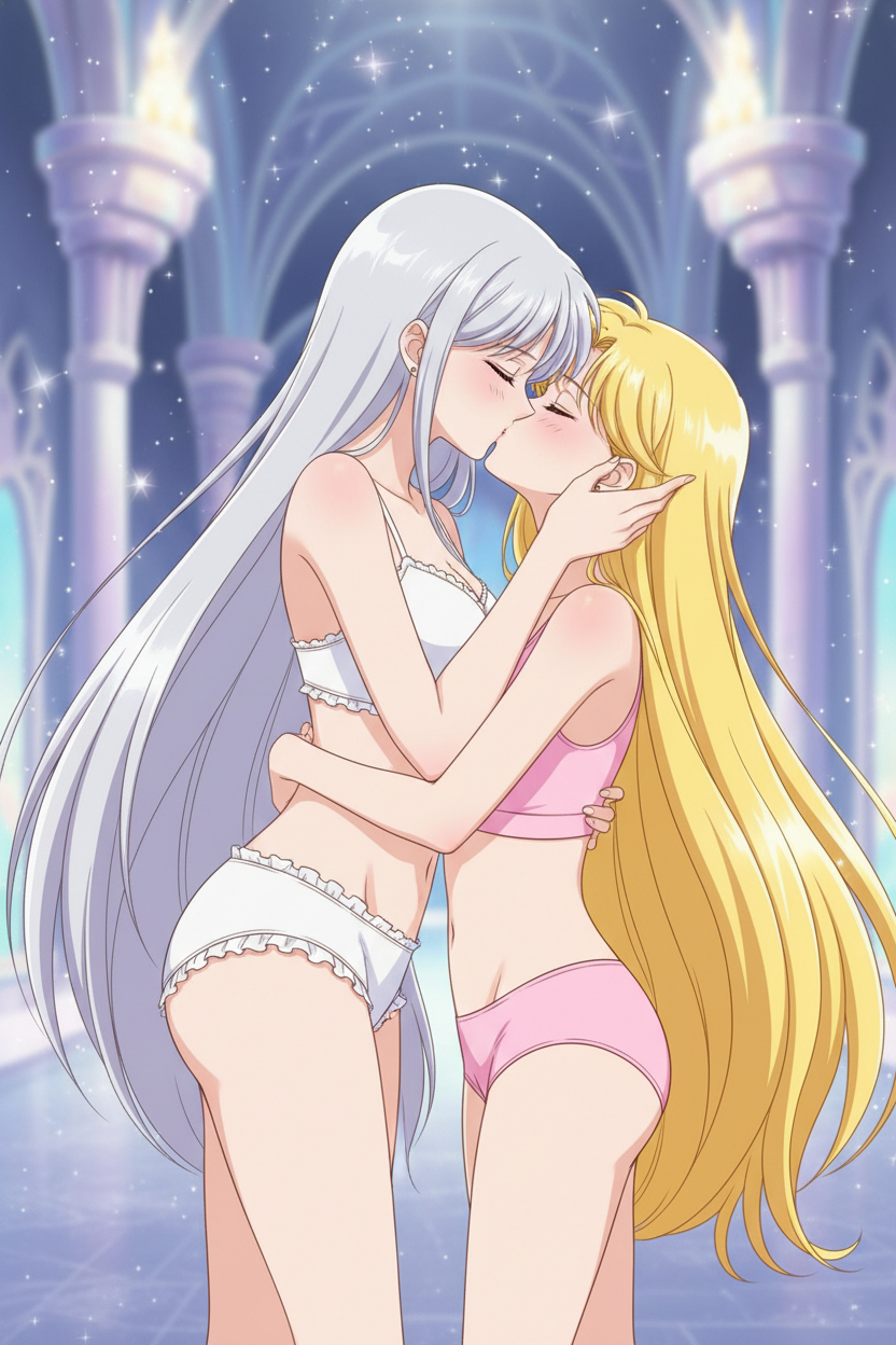 2_girls adult_swim alluring bishoujo_senshi_sailor_moon blonde_hair bra cleavage closed_eyes medium_breasts milf mother_&_daughter nightcore_(artist) panties princess_serenity queen_serenity silver_hair teaching toei_animation toonami underwear viz_media