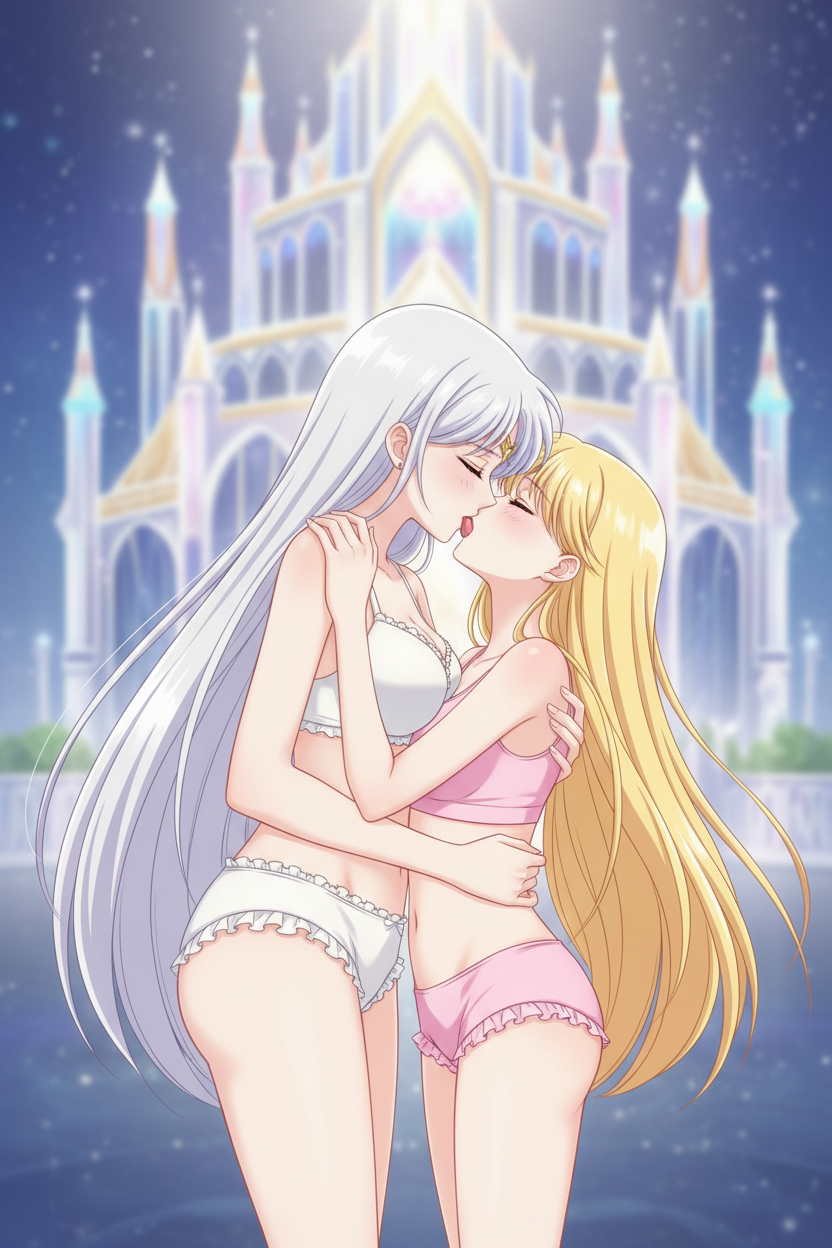 2_girls adult_swim alluring bishoujo_senshi_sailor_moon blonde_hair bra cleavage closed_eyes medium_breasts milf mother_&_daughter nightcore_(artist) panties princess_serenity queen_serenity silver_hair teaching toei_animation toonami underwear viz_media