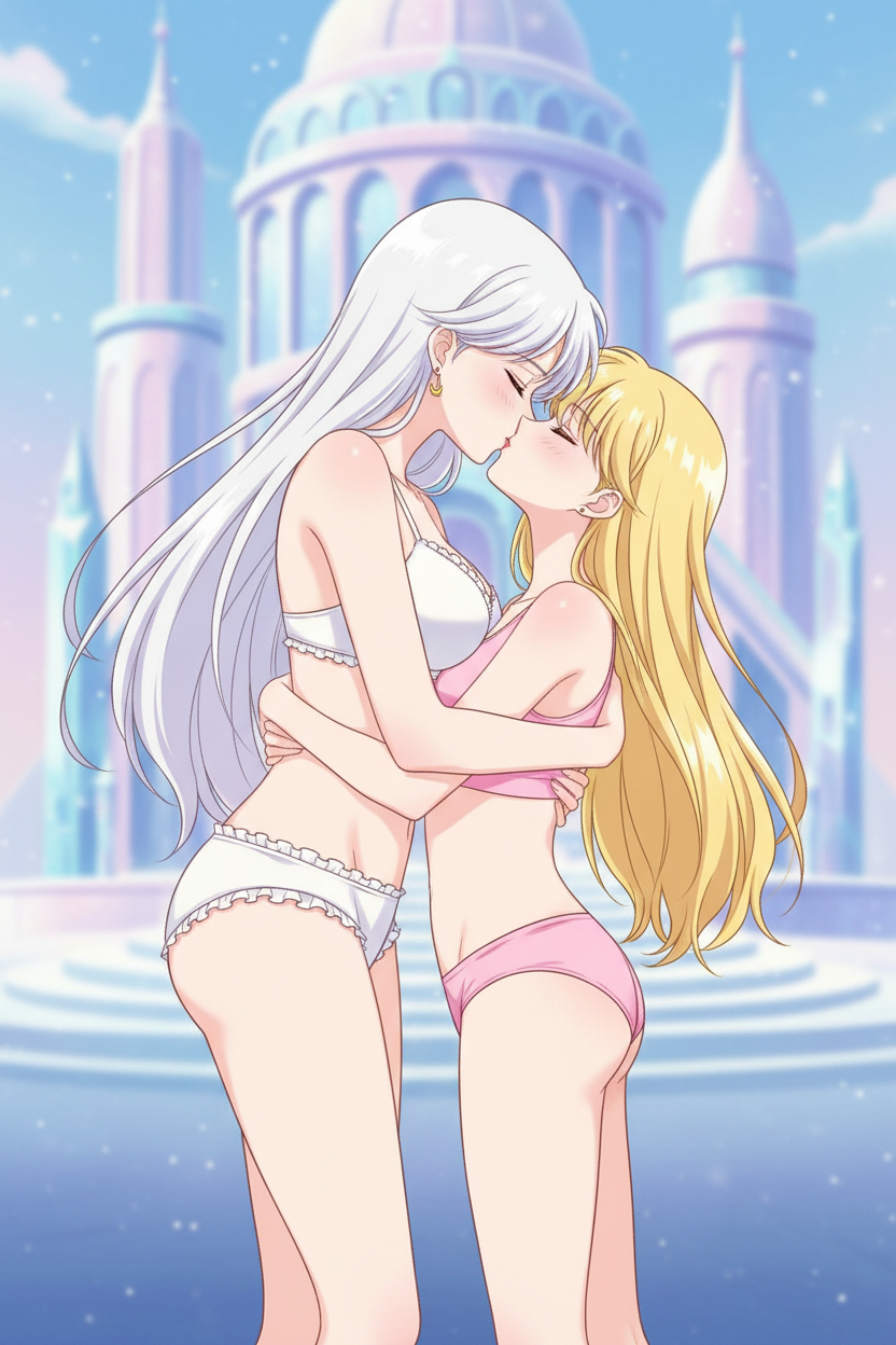 2_girls adult_swim alluring bishoujo_senshi_sailor_moon blonde_hair bra cleavage closed_eyes medium_breasts milf mother_&_daughter nightcore_(artist) panties princess_serenity queen_serenity silver_hair teaching toei_animation toonami underwear viz_media