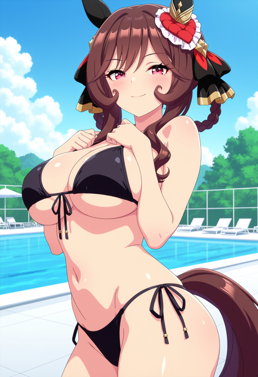 1girl ai_generated big_breasts bikini black_bikini blush breasts brown_hair cleavage female_only gentildonna_(umamusume) hair_accessory hair_ornament hands_on_chest hands_on_own_chest horse_ears horse_girl horse_tail outdoor_pool outside pink_eyes pool poolside smile solo_female umamusume umamusume_pretty_derby vegaforge