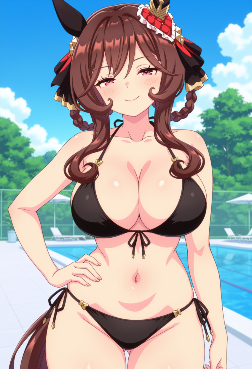 1girl ai_generated big_breasts bikini black_bikini blush breasts brown_hair cleavage female_only gentildonna_(umamusume) hair_accessory hair_ornament hand_on_hip hand_on_own_hip horse_ears horse_girl horse_tail outdoor_pool outside pink_eyes pool poolside smile solo_female umamusume umamusume_pretty_derby vegaforge