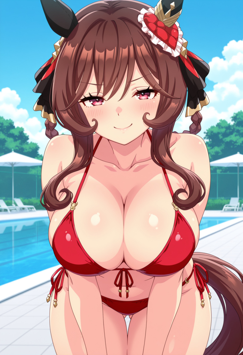 1girl ai_generated big_breasts bikini blush breasts brown_hair cleavage female_only gentildonna_(umamusume) hair_accessory hair_ornament horse_ears horse_girl horse_tail leaning_forward outdoor_pool outside pink_eyes pool poolside red_bikini smile solo_female umamusume umamusume_pretty_derby vegaforge