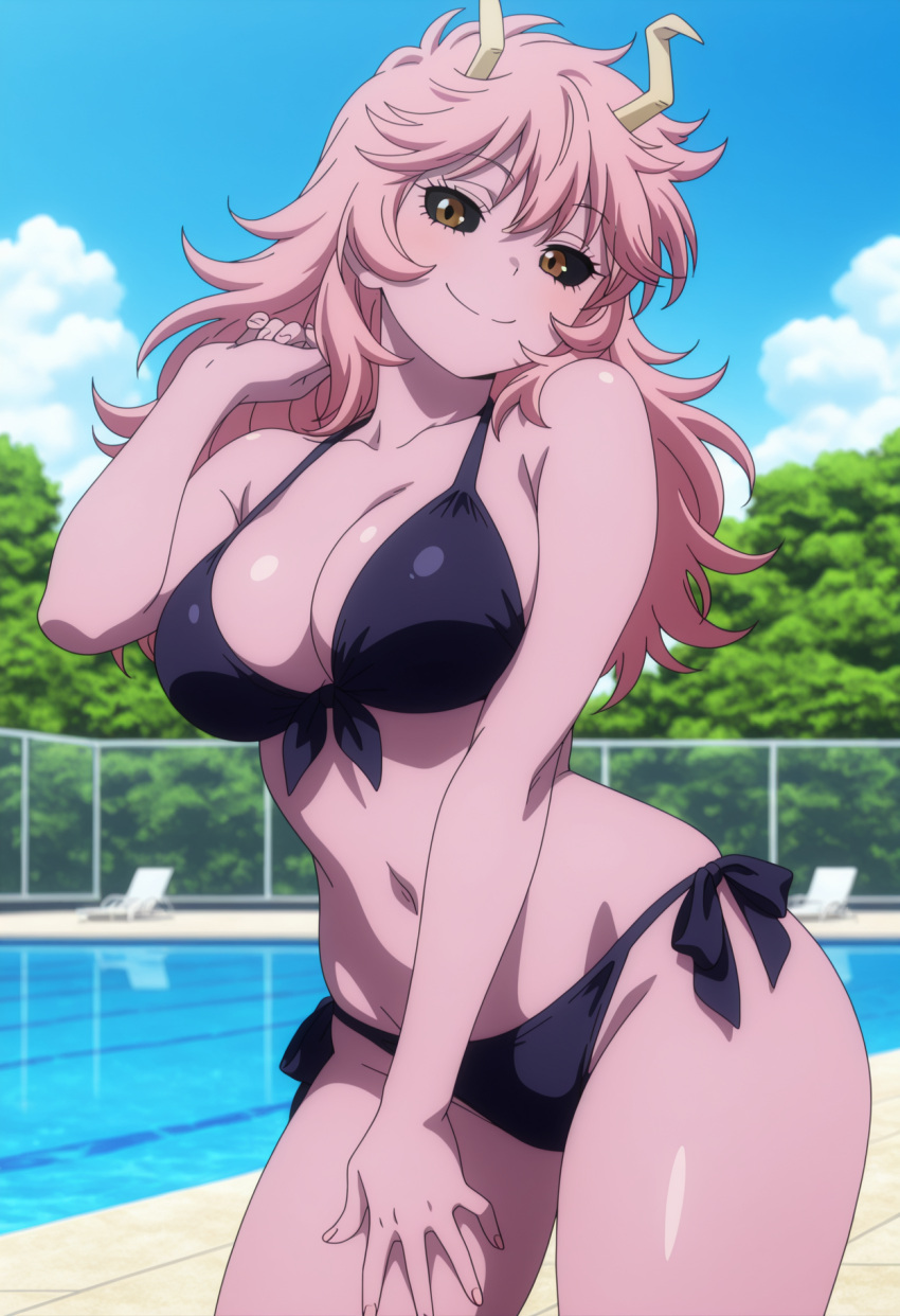 1girl ai_generated big_breasts bikini black_sclera blush boku_no_hero_academia breasts cleavage female_only golden_eyes hand_on_own_thigh hand_on_thigh horns long_hair mina_ashido outdoor_pool outside pink_hair pink_skin pool poolside purple_bikini smile solo_female vegaforge