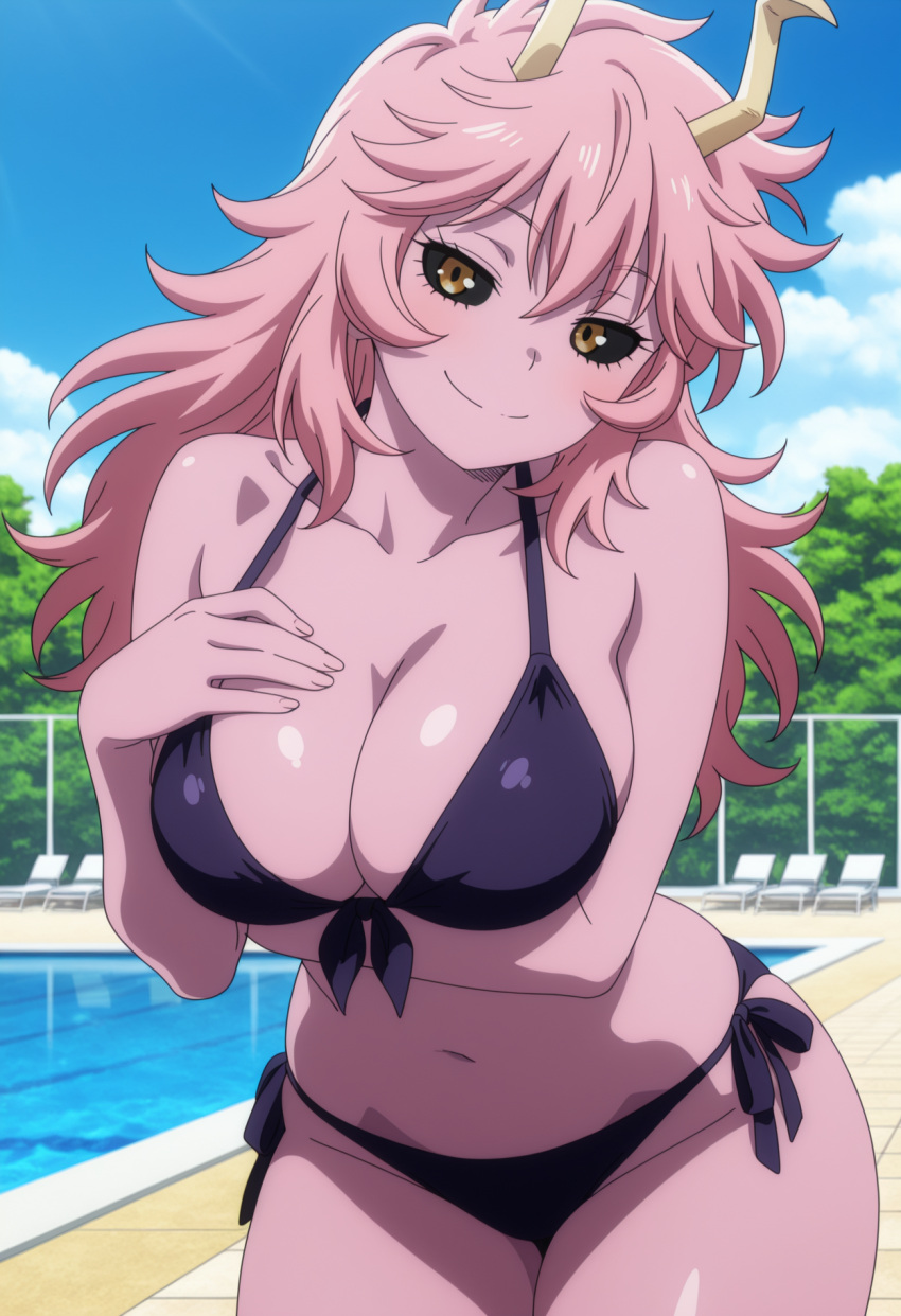 1girl ai_generated arm_under_breasts big_breasts bikini black_sclera blush boku_no_hero_academia breasts cleavage female_only golden_eyes hand_on_chest hand_on_own_chest horns long_hair mina_ashido outdoor_pool outside pink_hair pink_skin pool poolside purple_bikini smile solo_female vegaforge