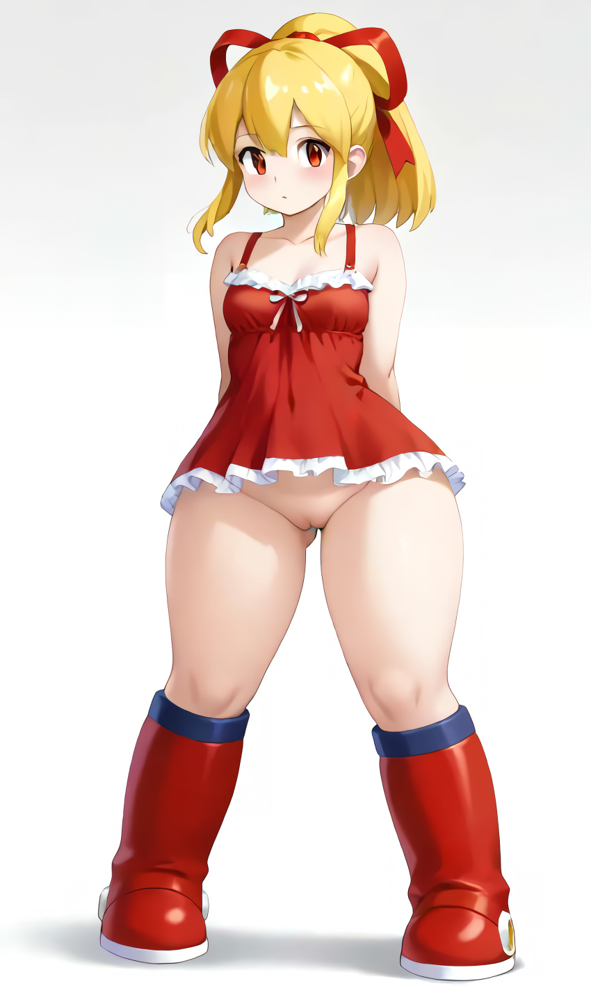 1girl ai_generated arms_behind_back blonde_hair boots breasts capcom cleft_of_venus female_focus mega_man navel nightgown ponytail pussy red_eyes ribbon rockman rockman_(classic) roll_(megaman) roll_(rockman) simple_background standing white_background
