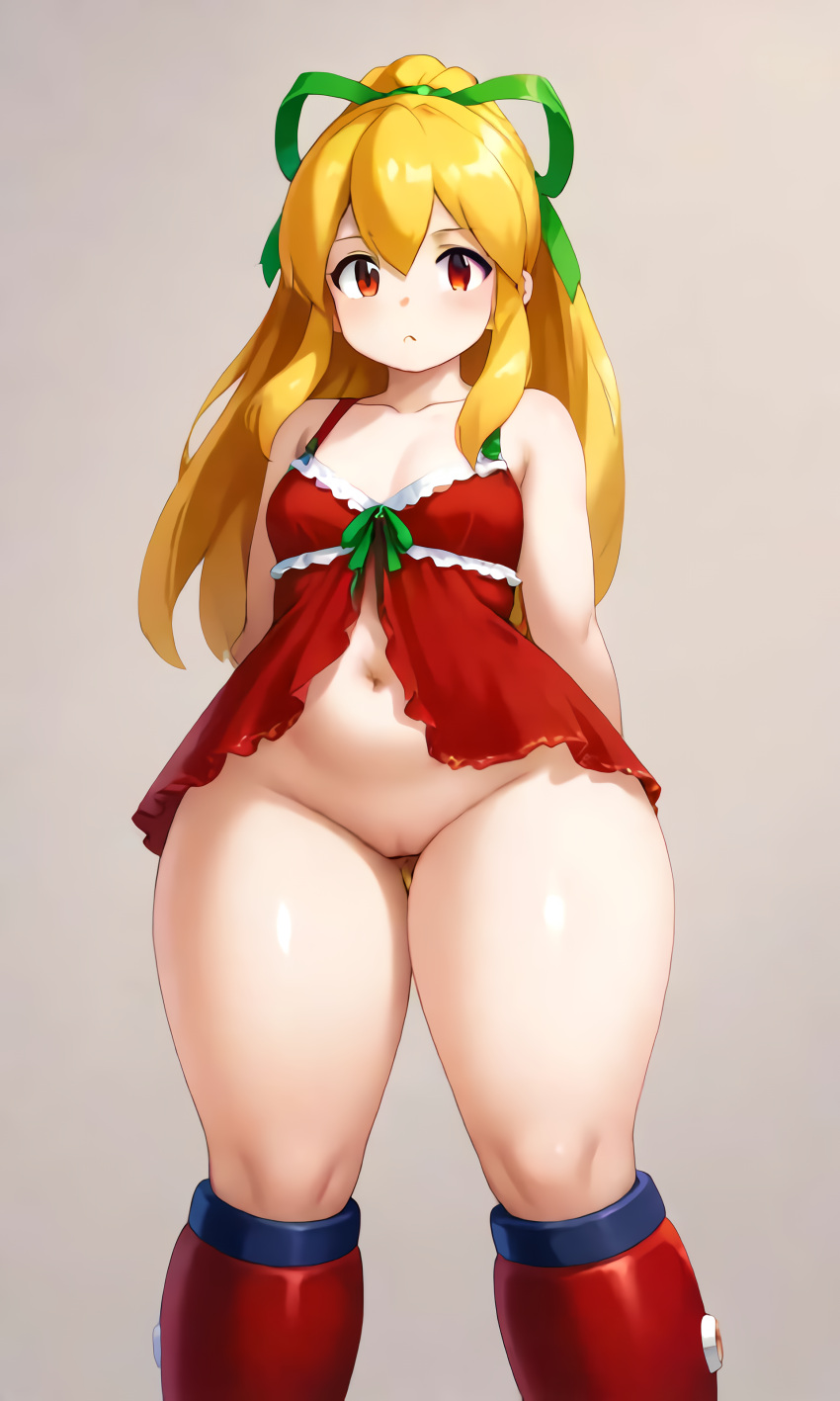 1girl ai_generated arms_behind_back blonde_hair breasts capcom cleft_of_venus female_focus gray_background mega_man navel nightgown ponytail pussy red_eyes ribbon rockman rockman_(classic) roll_(megaman) roll_(rockman) simple_background