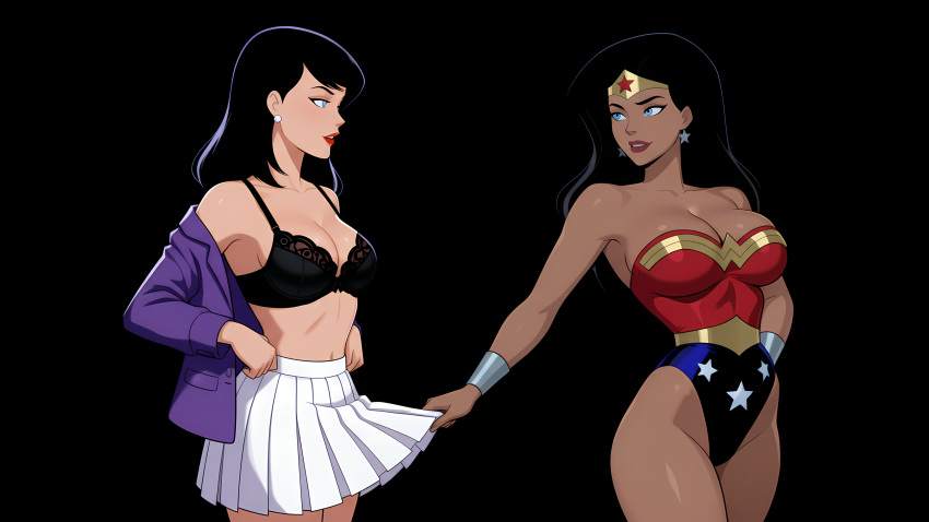 2_girls amazon arm_at_side bangs bare_arms bare_legs bare_shoulders big_breasts black_background black_bra black_hair blue_eyes blue_leotard boots bra bracer breasts cleavage collarbone couple dc_comics dcau diana_prince duo earrings eye_contact female/female female_only footwear gloves gold_jewelry grin heroine highleg highleg_leotard jacket jewelry justice_league justice_league_unlimited legs legs_together leotard lips lipstick lois_lane long_hair long_sleeves looking_at_another looking_back love makeup medium_breasts midriff miniskirt multicolored_clothes multicolored_leotard multiple_girls mutual_yuri naughty_face navel neck off_shoulder open_clothes open_jacket outstretched_arm parted_bangs parted_lips pearl pearl_earrings pink_lipstick pleated_skirt purple_jacket red_boots red_footwear red_leotard red_lipstick romantic romantic_couple sghero1234 sghero1234_(artist) silver_bracer silver_earrings silver_jewelry simple_background skirt skirt_grab smile standing star star_(symbol) star_earrings star_print straight_hair strapless strapless_leotard superhero_costume superheroine superman:_the_animated_series superman_(series) themysciran thighs tiara two-tone_leotard undressing white_earrings white_skirt wonder_woman wonder_woman_(dcau) wonder_woman_(series) yuri