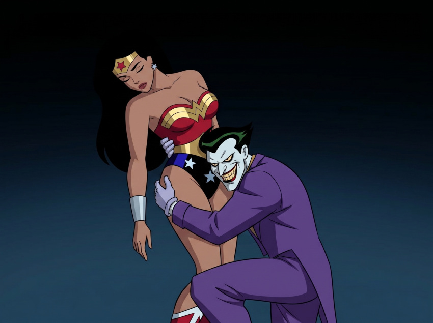1boy 1girl amazon arm_at_side bangs bare_arms bare_legs bare_shoulders batman:_the_animated_series batman_(series) big_breasts black_background black_eyes black_hair blue_leotard boots bracer breasts carrying cleavage clenched_teeth closed_eyes closed_mouth clown collarbone dark_green_hair dc_comics dcau diana_prince earrings evil_grin evil_smile femsub footwear gloves gold_jewelry gradient gradient_background green_hair grey_background grin half-closed_eyes heroine hetero highleg highleg_leotard hugging jacket jewelry justice_league justice_league_unlimited legs legs_together leotard lips lipstick long_hair long_sleeves looking_at_viewer makeup maledom mound_of_venus multicolored_clothes multicolored_leotard naughty_face neck pants parted_bangs pink_lipstick purple_jacket purple_pants purple_suit red_boots red_footwear red_leotard red_lipstick round_teeth sghero1234 sghero1234_(artist) short_hair silver_bracer silver_earrings silver_jewelry sleeping smile squatting star star_(symbol) star_earrings star_print straight_hair strapless strapless_leotard suit superhero_costume superheroine supervillain teeth the_joker themysciran thighs tiara two-tone_leotard unconscious villain white_skin wonder_woman wonder_woman_(dcau) wonder_woman_(series) yellow_sclera