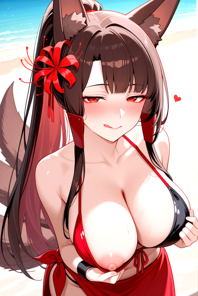 1girl ai_generated akagi_(azur_lane) azur_lane beach big_breasts bikini bikini_top_pull black_bikini_bottom black_bikini_top black_wristband blush breasts brown_hair female_only flower_in_hair fox_ears fox_girl fox_tails hair_accessory hair_ornament hair_ribbon heart licking_lips long_hair multicolored_bikini one_breast_out one_nipple_out ponytail red_bikini_top red_eyes red_ribbon red_sarong red_spider_lilies ribbon sarong seductive_eyes seductive_look seductive_smile ship_girl smile solo_female teasing tongue tongue_out wristband