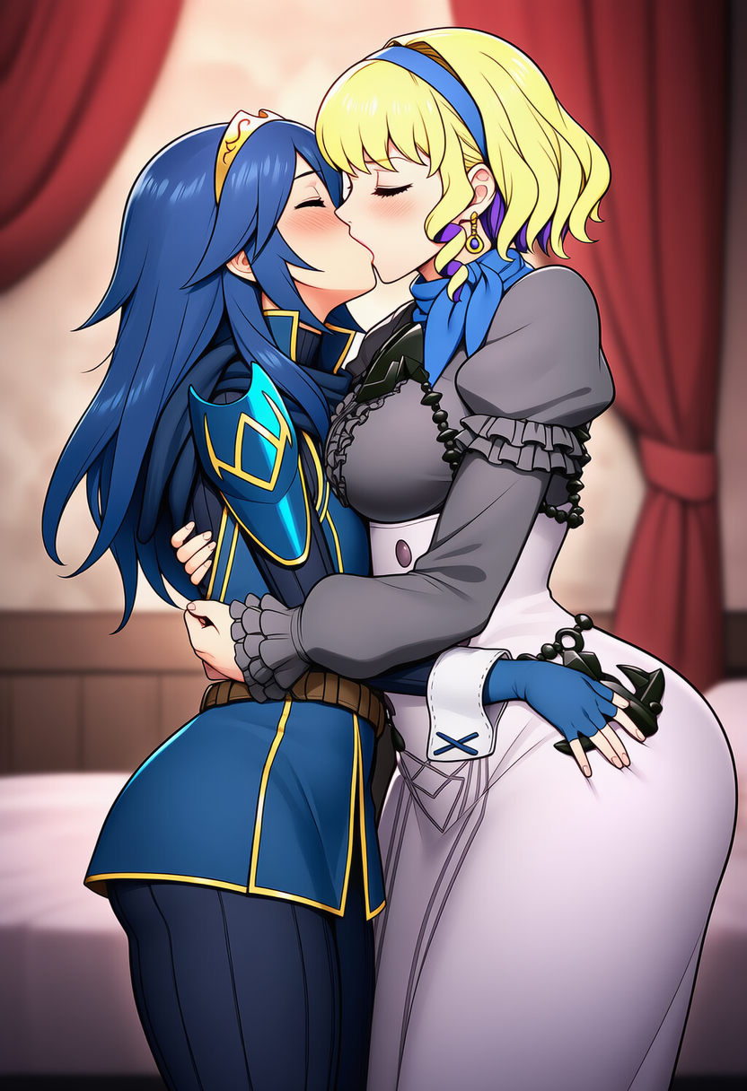 2_girls ai_art ai_generated bedroom blonde_hair blue_hair blush breasts closed_eyes constance_von_nuvelle fire_emblem fire_emblem:_three_houses fire_emblem_awakening hugging intelligent_systems kissing long_hair lucina lucina_(fire_emblem) multiple_females multiple_girls nintendo short_hair yuri