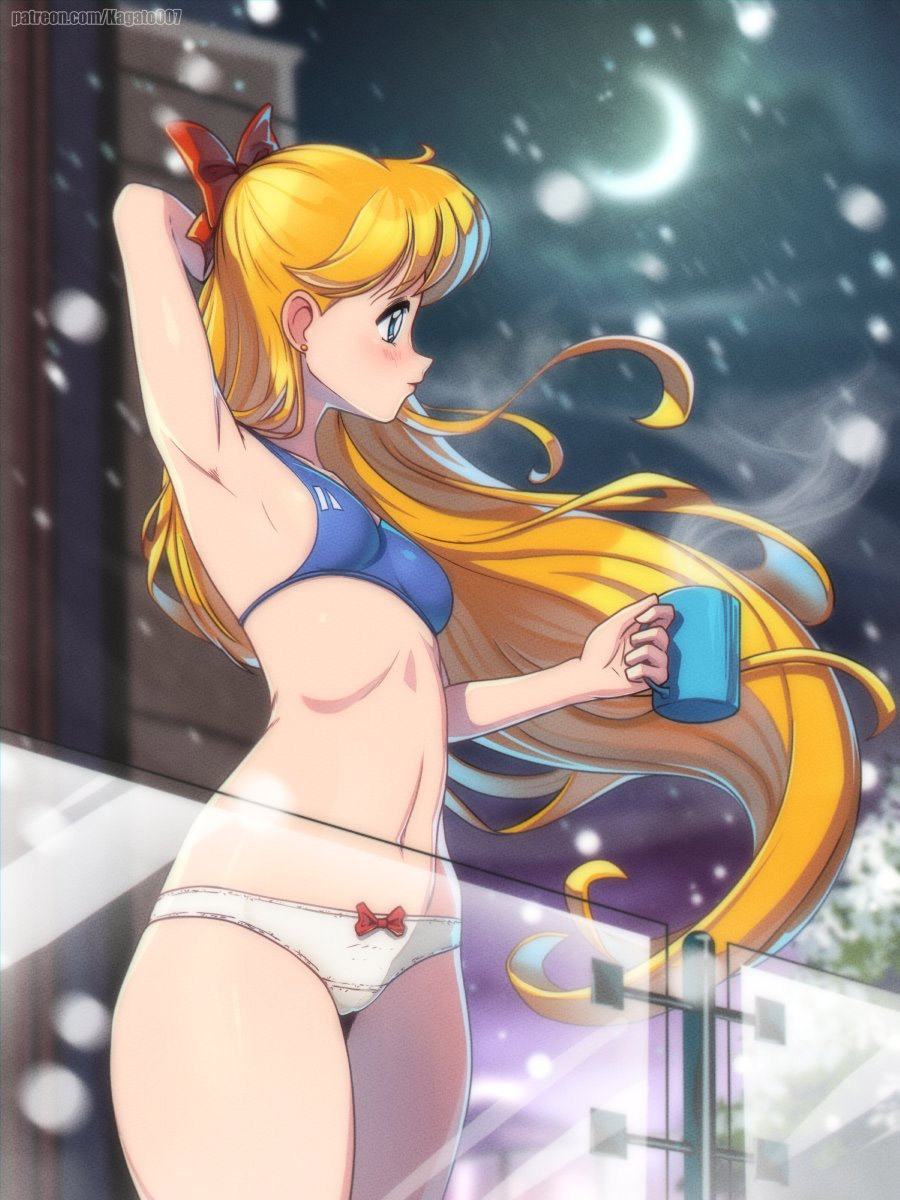 1girl adult_swim alluring arm_behind_head arm_up artist_name balcony bare_arms bishoujo_senshi_sailor_moon bishoujo_senshi_sailor_moon_r bishoujo_senshi_sailor_moon_r_the_movie bishoujo_senshi_sailor_moon_s bishoujo_senshi_sailor_moon_s_the_movie bishoujo_senshi_sailor_moon_supers bishoujo_senshi_sailor_moon_supers_the_movie blonde_hair blue_bra blue_eyes blue_pants blurry blurry_background blush bow bra breasts closed_mouth coffee_mug commentary cowboy_shot crescent_moon cup drawstring drinking_glass earrings hair_bow high_res holding holding_cup jewelry kagato007 legs_together long_hair looking_afar minako_aino moon mug navel night outside panties profile red_bow small_breasts snowing standing stomach toei_animation toonami underwear untranslatable_commentary variant_set very_long_hair viz_media watermark web_address wind