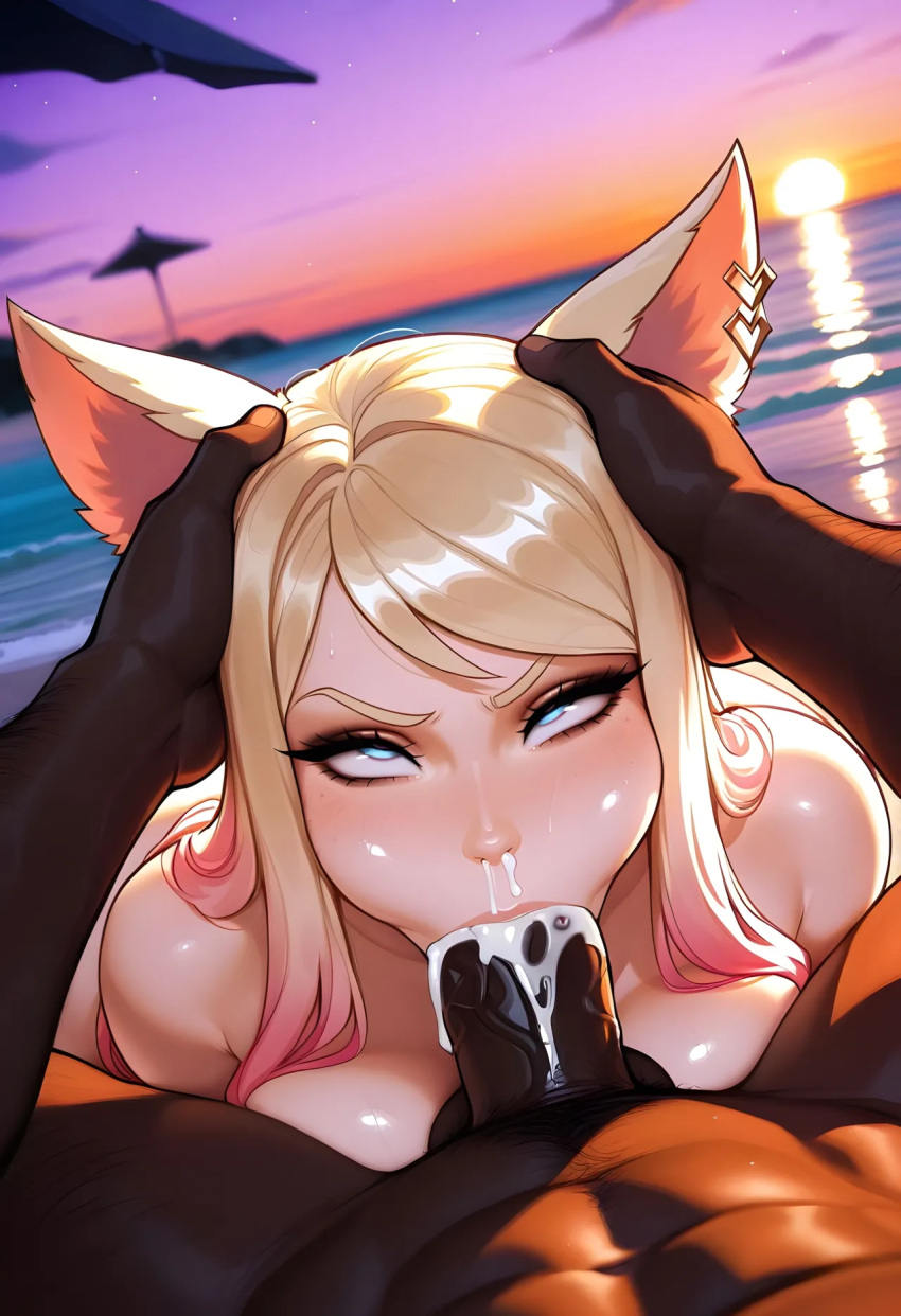 1boy1girl ahri ai_generated beach blonde_hair cum curvy curvy_female curvy_figure dark-skinned_male dark_skin fellatio fellatio fox_ears fox_girl k/da_ahri league_of_legends long_hair nude sex two_tone_hair