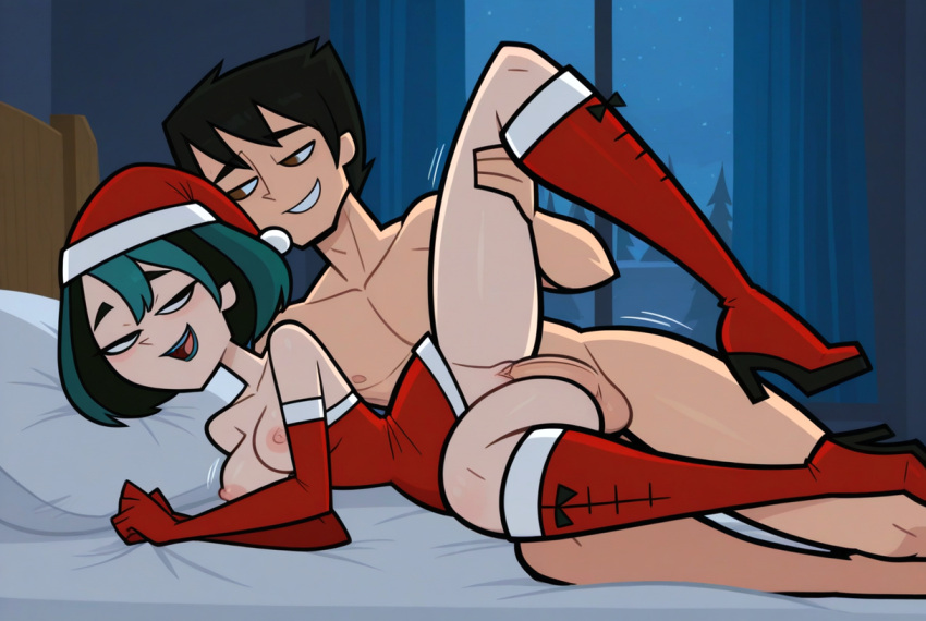 1boy 1girls ai_generated bedroom big_breasts black_hair blush boots breasts breasts_out cartoon_network christmas christmas_boots clothed clothed_female clothed_female_nude_male clothed_sex dress eyes_almost_closed green_hair gwen_(tdi) hand_on_leg in_bed leg_lift legs_spread long_boots long_gloves multicolored_hair naked_male night nipples nude nude nude_male penis_in_pussy santa_dress santa_gloves santa_hat sex smile spooning_position total_drama_island vaginal_penetration